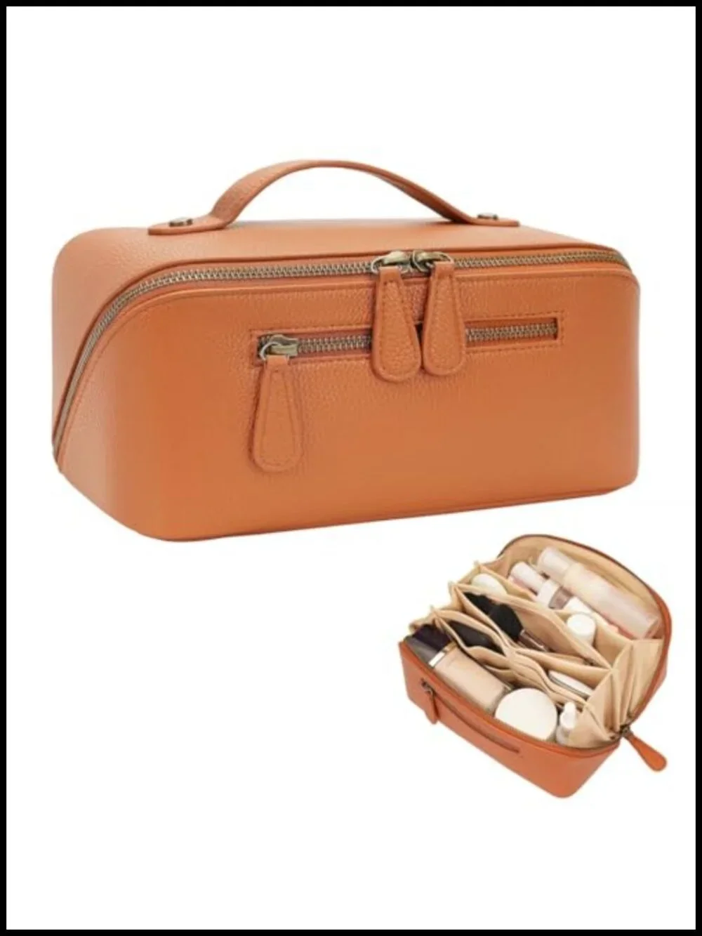 Large Waterproof PU Leather Travel Makeup Bag with Dividers & Handle 2L